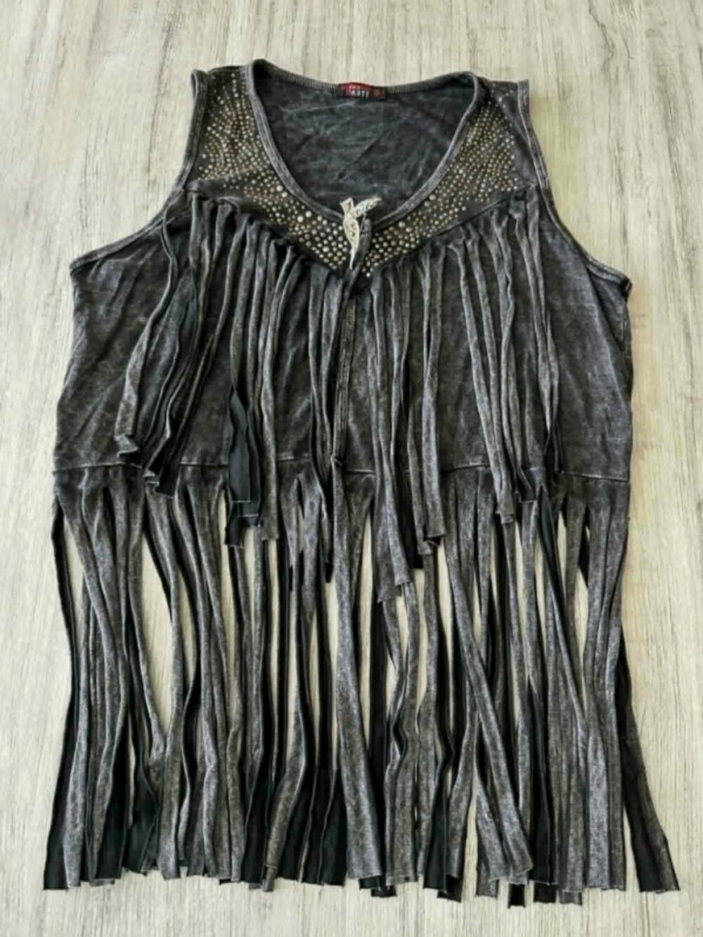 T-Party Black Faded Acid Wash Fringe Western Boho Studded Crop Vest w/ Brooch